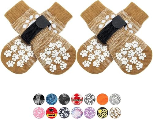 EXPAWLORER Anti-Slip Dog Socks Paws Stop Licking Scratching with Grips | Dog Grip Socks Double‑sided Non-slip Gels for Senior Dogs, Injured Paw Protectors Boots for Cold Hot Pavement, Khaki M