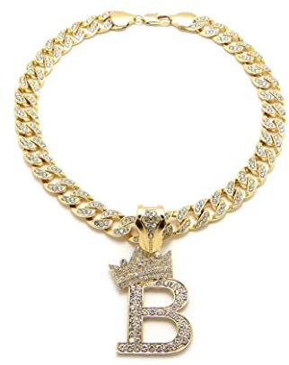 iJewelry2 Kings and Queens Crowned Initial Letter B Crystals Pendant Gold-Tone Cuban Linked Chain Necklace