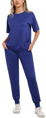 Irevial Sportivo Donna Completo, Completi Sportivi Donna Due Pezzi, Tuta Donna Sportiva Estiva, T-Shirt & Pantaloni Casual, Elegante Tuta Donna Ginnastica per Jogging, Casa, Fitness, Blu, XXL