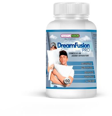 Healthy Fusion DreamFusion Pro | Melatonina + L-Teanina + Valeriana + Passiflora + Camomilla + Triptofano | Concilia il Sonno facilmente | Sonno lungo e riposante | Azione veloce | 60 capsule