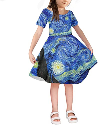 HUGS IDEA Vestido de princesa informal de manga corta para el verano, cómodo y transpirable, con notas musicales de flores para conejo, aguacate, Van Gogh Noche estrellada, 6 años
