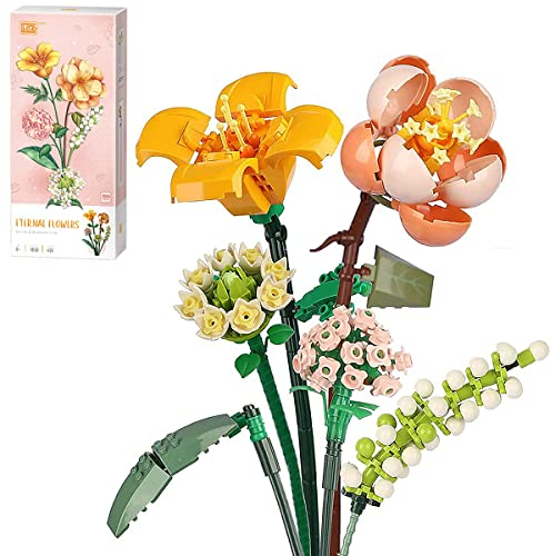 Kit construction bouquet fleurs, ensembles blocs construction fleurs artificielles, décoration la maison, collection botanique créative de 456 pièces pour cadeau pour adultes (lys/hortensia/bégonia)