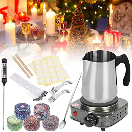 Treesunshine Set di candela fai da te, kit per la produzione di profumate, per principianti, con pentola da 1000 ml, piastra riscaldante da 500 W e termometro digitale