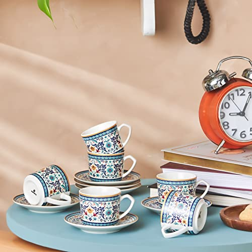KARACA Beylerbeyi - Juego de 6 tazas de café turco de porcelana, 12 piezas, 80 ml, color blanco y azul multicolor
