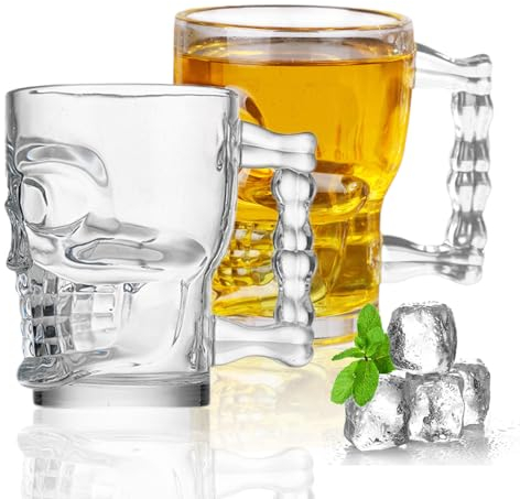 liuer Vasos Cerveza, Jarras de Cerveza,Vasos de Cerveza de 500ml con Calavera,Apto para Lavavajillas,Vaso de Cerveza con Asa,Perfecto para Casa,Restaurantes y Fiestas