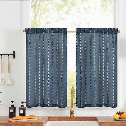 Vangao Tende a strisce, effetto lino, moderne, da cucina, blu, set da 2 pezzi, 65 x 90 cm, con passante per bastone, traslucide, da cucina, per roulotte, soggiorno