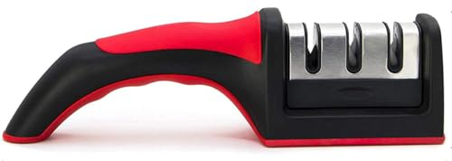 Manuelle Messerschärfer Messerschleifer Profi, 3 Stufen, Wolframstahl - Diamant - Keramikstein, Messerschaerfer Effektiv für Edelstahl und Keramikmesser (Schwarz,Rot)