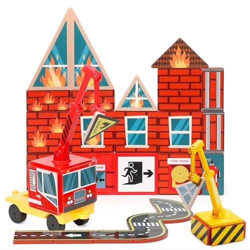 SYNCFUN Magnetic Tiles Road Set with Crane,40 PCS Fire Rescue Construction Building Blocks Toys for Toddlers,Preschool STEM Learning Magnet Toys for Kids Ages 3 4 5 6 7 8 Boys Girls,Birthday Gifts