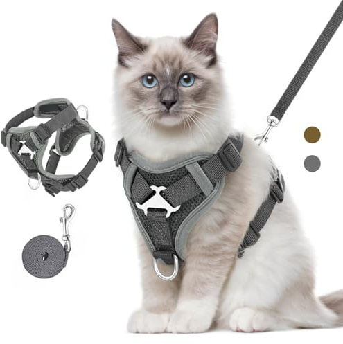 VavoPaw Ensemble Harnais et Laisse pour Chat Anti-évasion, Harnais Ajustable pour Chaton avec Bande Réfléchissante, Filet Respirant, Gilet de Sécurité Souple pour Chat, Chaton, Chiot, M, Gris Foncé