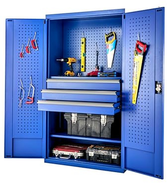 The Workplace Depot Workshop Tool Cabinet, Blue Steel, Lockable, Heavy Duty | Workshop Tool Cabinet, Integrated Pegboard Storage Drawers for Professional Workshops & DIY Users, Heavy Duty, Lockable.
