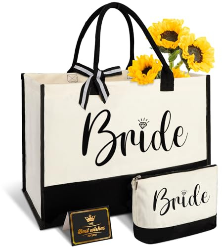 Amosking Braut Geschenke Leinwand Tote Bag mit Make-up Tasche, Hochzeitsgeschenke für Brautdusche Junggesellinnenabschiebung Flitterwochen, Miss zu Frau, Braut zu sein, Brautdusche Dekorationen