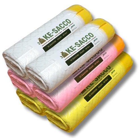 KE-SACCO 90 Sacchetti spazzatura 40l - 55x65-6 rotoli Sacchi Immondizia per Raccolta Differenziata 3 colori - Buste Rifiuti Riciclabili con manici - Antigoccia - Speciale ed Unica Formula Brevettata