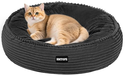 HMTOPE Hundbädd för små hundar, kattbädd, tvättbar, mysig hundkudde, rund ribbad hundkorg, donut, hundsoffa, avtagbar och antiskid, Ø 50 cm, mörkgrå