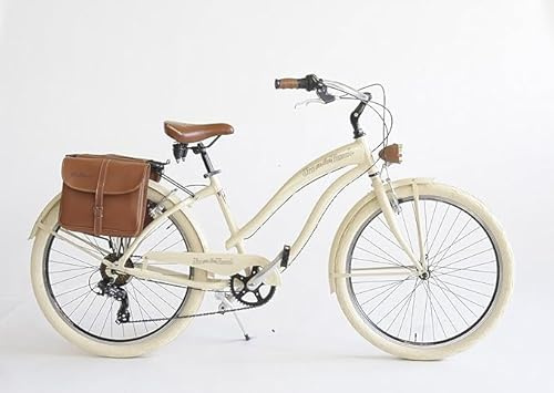 Via Veneto the Original - Bicicletta Cruiser Donna Sun on the Beach Lady 26” 6V, con Borse Laterali, Taglia 43, Beige, Retrò Vintage in Alluminio | VV790L