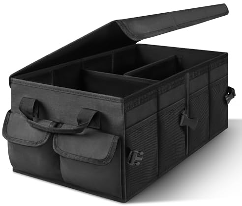 Organizador de maletero, bolsa plegable para maletero con tapa, organizador de maletero para automóvil con divisores extraíbles, equipado con base antideslizante y cierre de velcro, bolsillos