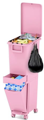 GOPLUS Mülleimer 3 Fächer, 32L Abfalleimer Küche mit Rollen, Mülltrennsystem mit Kippbehälter, Deckel, Schublade & Aufkleber, 3 in 1 Tretmülleimer, Küchenabfalleimer für Küche & Wohnzimmer, Rosa
