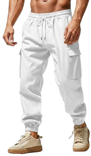Misfuso Pantalon Cargo Homme en Coton Lin Léger Taille Élastique | Cordon de Serrage, Respirant Décontracté Grande Taille Loose Fit