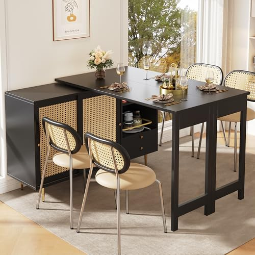 VIVCA Mesa alta giratoria de 360° (cuerpo principal: 107 x 40 x 71,4 cm), mesa de pie de diseño extensible negra, armario de almacenamiento con puerta de ratán+estante de almacenamiento abierto