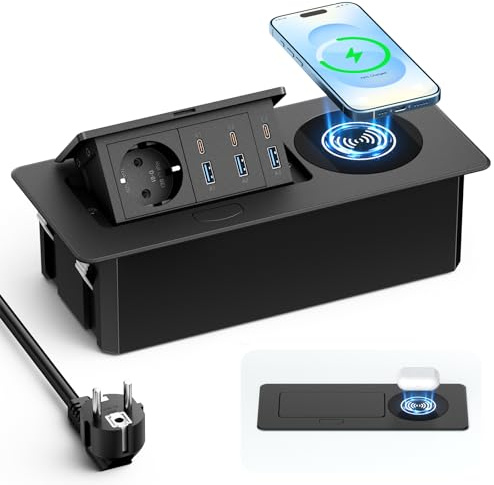Infällbart inbyggt uttag med trådlös Qi-laddning, 15 W och 6 USB (1 x USB-C PD 30 W), USB-C-uttag för kontor, hemmakontor och kök, 1,8 m kabel, svart