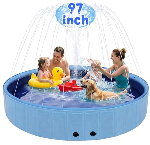 Eooqi Foldable Dog Pool with Sprinkler, Extra Large Thickened Splash Pool | 2-in-1 Outdoor Summer Water Play Toy, Non-Slip Hard-Side Kiddie Pool for Backyard Dogs, Kids & Pets (Blue, 97-6XL)