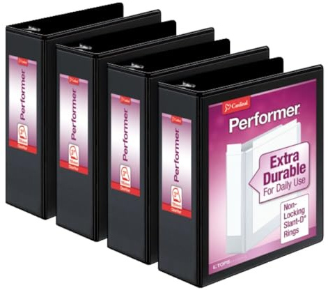 Cardinal Performer 27601 Lot de 4 classeurs à 3 anneaux, 7,6 cm, anneaux inclinés non verrouillables, capacité de 725 feuilles, présentation ClearVue, antiadhésifs, sans PVC, noir