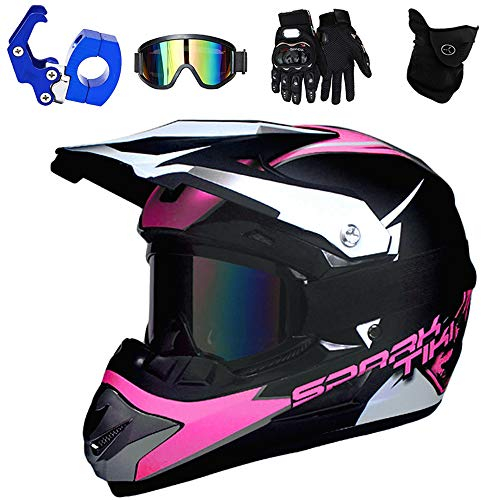 PKFG Motocross Helm Kinder Pink, Offroad Motorradhelm mit Visier Brille Handschuhe Maske und Helmhaken, Mädchen Motorrad Cross Enduro Helm für Mountainbike MTB Moped Kopf Schutz, XL (58~59CM)