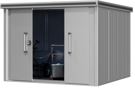 Gerätehaus Metall Gartenhaus 256x256x212 cm Geräteschuppen mit Flachdach inkl. Schiebetür in grau Schuppen wasserdicht