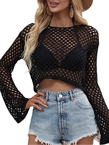 Haut court d'été pour femme - Vêtement de plage en crochet - Maille ajourée - Pull en tricot transparent - Coupe ajustée - Streetwear