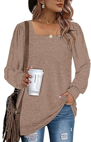 FANGJIN Damen Sexy Oberteile Hemden Puffhülle Langarm Tops 2023 Einfarbig Shirt Herbst Frühling Sommer Herbst und Winter Sport Bluse T-Shirt Gym Sport Kleidung Frauen Khaki Sweatshirt XL