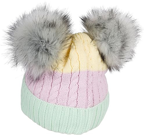 styleBREAKER Cappello a Maglia con Pompon a 3 Strisce Colorate, 2 Pompon in Pelliccia Sintetica, Fodera in Pile, 2-5 Anni 04024204, Colore:Menta-Lilla-Giallo