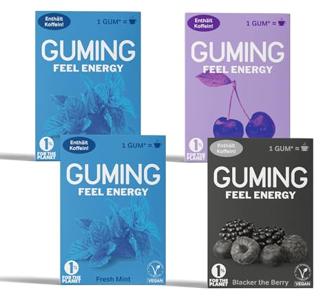 GUMING 40x Energy Kaugummi mit 60mg Koffein/Gum, Guarana, Vitamin C & B6, Vegan, zuckerfrei (40 Stück, 4 Packungen a 10 Gums: Minze, Kirsche, Beere)