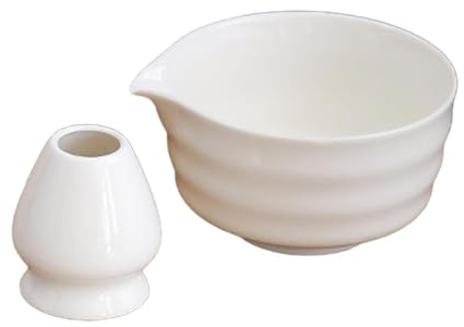 LOVIVER Bol à thé avec bec verseur, 2 pièces, cérémonie Matcha faite à la main avec porte-fouet, bol Matcha traditionnel japonais pour débutant, blanc