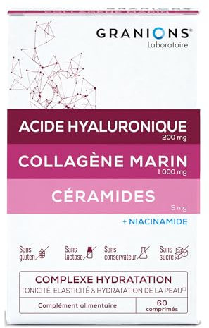 GRANIONS COLLAGENE MARIN | Collagene et Acide Hyaluronique - Collagene marin + Acide Hyaluronique + Niacinamide + Ceramides - Hydratation, Elasticité, Tonicité de la peau - 60 comprimés | Cure 1 mois
