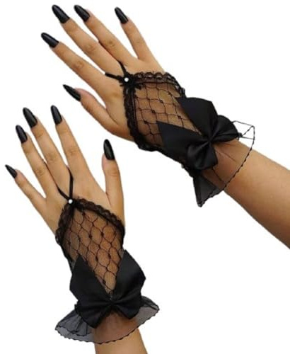 Amazleer Women's Bow Fingerless Lace Gloves Mesh Sheer Gothic Gloves for Tea Party (Glove with Bow, Black)