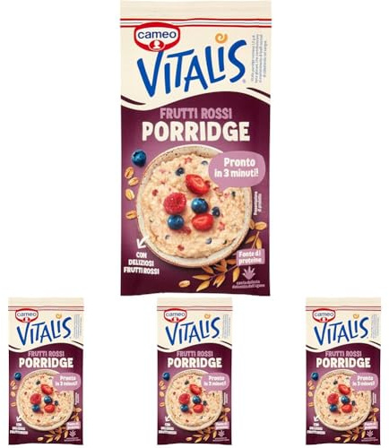 Cameo Vitalis Porridge Gusto Frutti Rossi con Fiocchi Integrali di Avena e Delicati Frutti Rossi, Preparato Istantaneo, Porridge Pronto in 3 Minuti, Fonte di Proteine, Busta Monoporzione 56 g