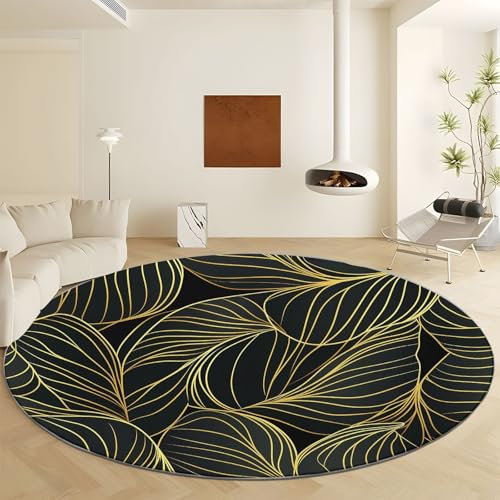 Waschbare Runde Teppiche 60 cm, Wellenlinien Einer Pflanze mit Blatt Rutschfester Runder Teppich für das Wohnzimmer, Schwarzes Gold Weicher Niedrigfloriger Teppich für unter den Esstisch