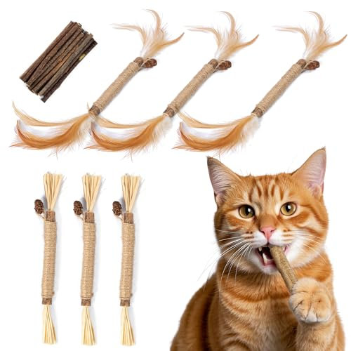 SeaMorn Natural Cat Chew Toys - 16 Pack Silvervine Sticks, Gall Fruit, and Interactive Feather Toys for All Cat Breeds Dental Care and Anxiety Relief