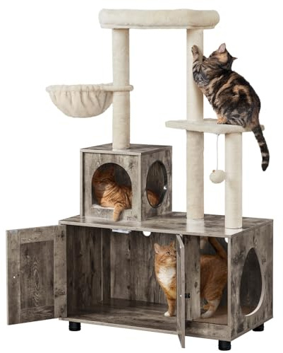 Yaheetech Katzenbaum mit Katzenklo Schrank, 134,5 cm hoch, All-in-One Kratzbaum mit Höhle Plattform Liegemulde, Katzenschrank für Katzentoilette, Greige-Beige