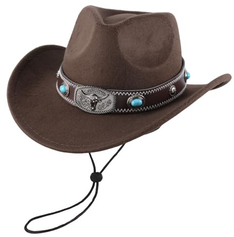 Aulivra Klassischer Westernhut für Damen und Herren – Einfarbiger Cowboyhut mit Stierkopf-Dekor, Vintage Jazzhut für Erwachsene im Cowgirl- und Western-Stil (Braun B)