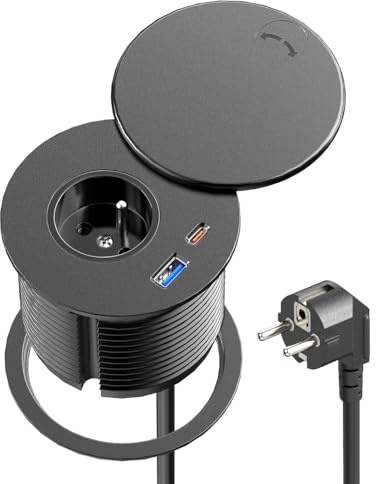 Bloc Prise Encastrable USB C PD20W, Airmom Multiprise Encastrable Plan de Travail avec 1 Prise française, 1 Port Type C, 1 Port USB A, Prise Bureau pour la Cuisine, 80 mm de Diamètre, Câble de 2m