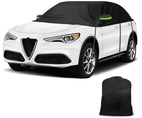Halvt bilöverdrag kompatibelt med Alfa Romeo Stelvio 2017–2025, halvskydd vattentätt halvgarage med vindtät bälte, reflexremsor för snö, regn, allvädersskydd