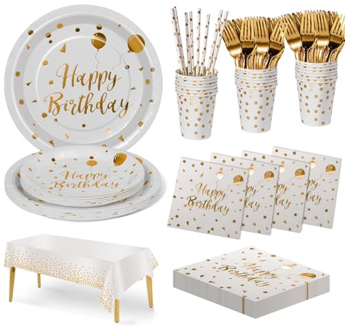 Nkaiso Compleanno Stoviglie per Feste, 20 Ospiti Bianco Oro Stoviglie Carta Set Include Piatti di Carta Tovaglioli Tazze Riutilizzabili Stoviglie Decorazioni per Feste per Bambini