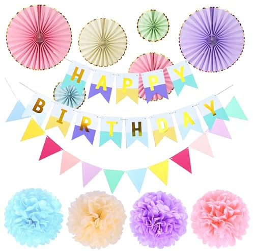 Wonvify Abanico de papel decorativo para colgar guirnaldas, abanicos de papel, bolas de panal, pompones de seda y guirnalda de feliz cumpleaños para decoración de fiestas