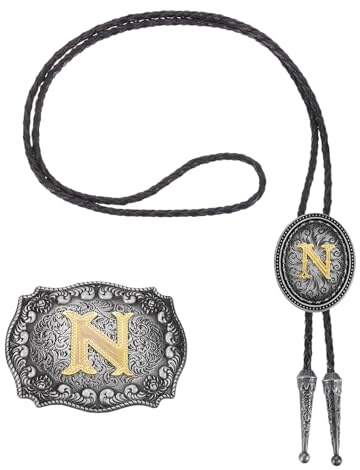QUARKZMAN 2 Piezas Conjunto De Corbata Bolo Vaquero Gris Negro/Dorado | Y Hebilla De Cinturón Letra Inicial N Dorada Corbata De Cuerda De Cuero, Para Hombres Y Mujeres Tradicionales Vintage