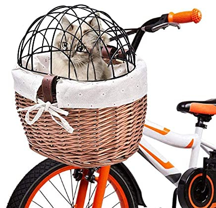 Phonleya Fahrrad Weidenkorb Vorne Lenkerkorb, Fahrradkorb für Hunde, Haustier Tragen Fahrradkorb, Gewebt Fahrradkorb Mit Metalldeckeln, Für Kleine Haustiere, Katzen, Hunde (30 x 25 x 20cm)