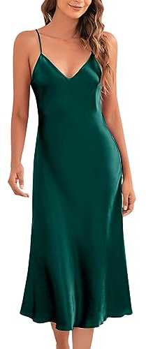 Marvmys Satin Nightdress for Women UK Long Negligees Strap Chemise Nighties for Ladies V Neck Full Slips Sleepwear Dark Green M