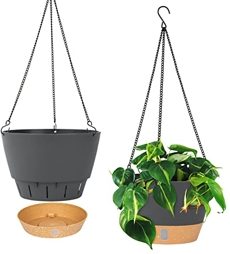 QCQHDU Lot de 2 jardinières suspendues, 25.4 cm de diamètre pour l'intérieur et l'extérieur, Pot de Fleurs Suspendu avec Trou de Drainage et 3 Crochets pour Le Jardin et la Maison (Noir)