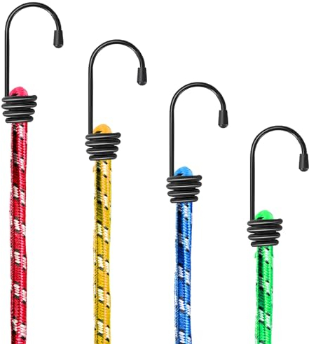 SOL 4pk Long Bungee Cords with Hooks – 75cm Strong Elastic Straps for Securing Loads, Durable, Weather-Resistant, Stretchable Bungees for Outdoor, Camping, Truck, Motorcycle & Bike Use