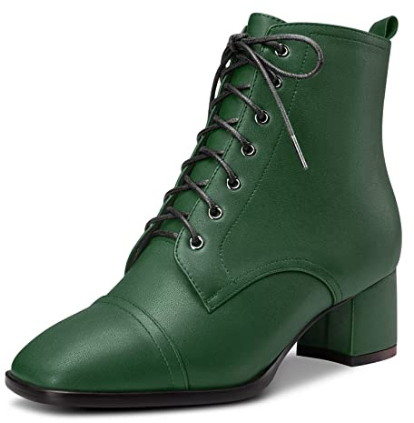 Saekcted Femmes Bloc Chunky Bas Kitten Talon Heel Carré Bout Bottines Lacets Fermeture à Glissière Bottes Vert 45 EU
