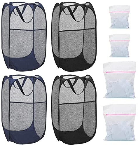 4Pcs Mesh Folding Laundry Baskets, BOJVESH 75L Large Pop up Laundry Hamper Bins Collapsible with Handles and 4 Washing Bags, Portable Washing Basket Foldable Cleaning Basket for Bedroom Bathroom
